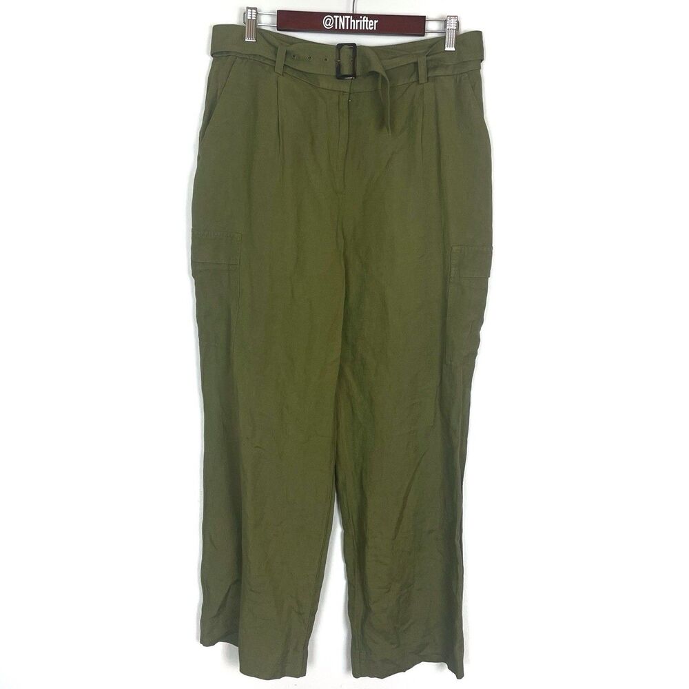 Loft Belted Drapey Cargo Linen Blend Pants Olive Green Womens Size 10 Workwear - Picture 5 of 14